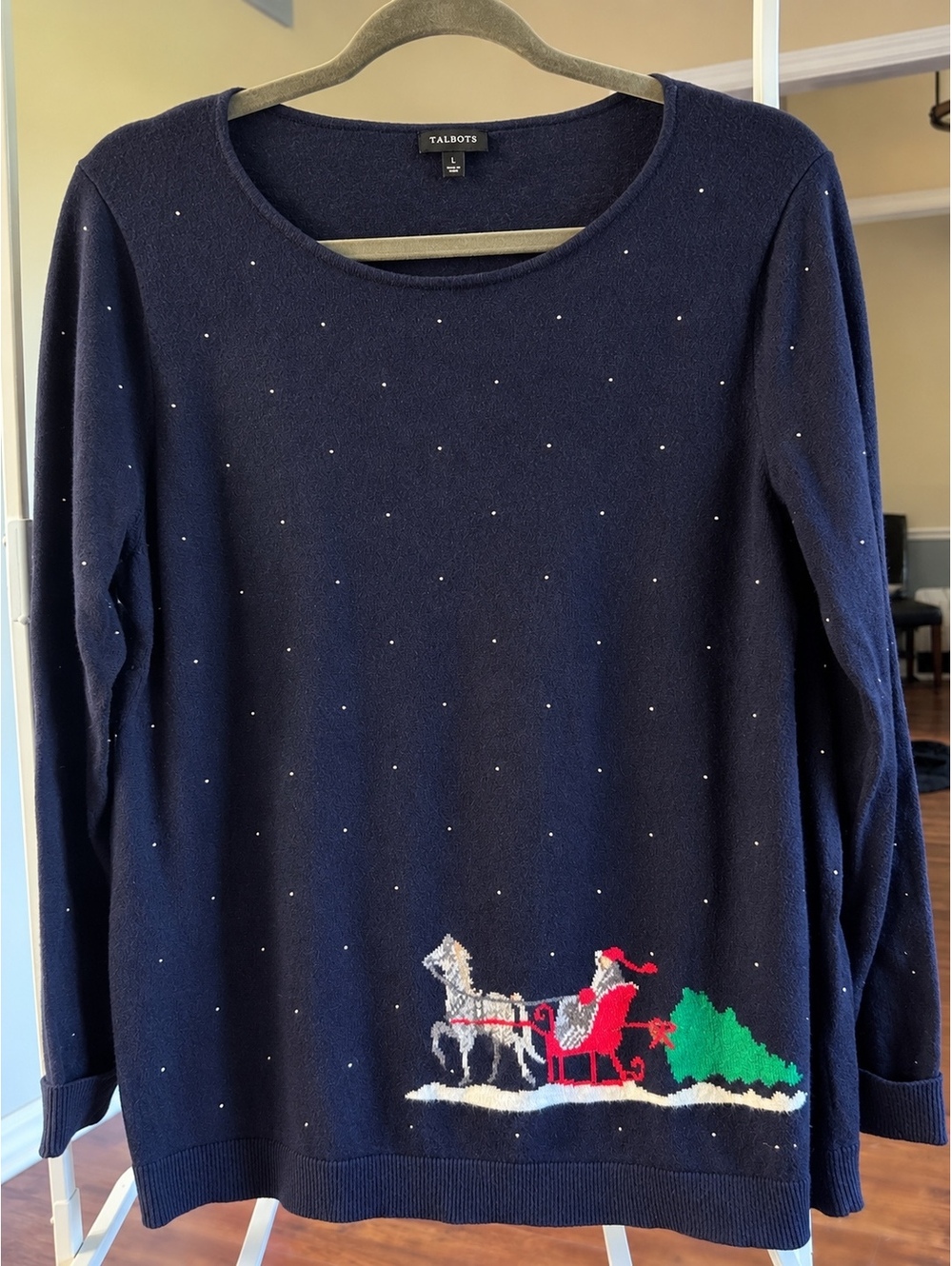 Talbots Women's Large Navy Blue Christmas Sweater with Santa Sleigh Design